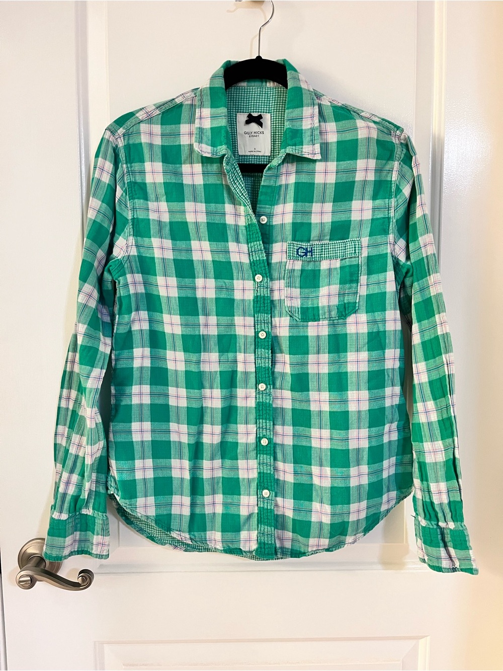 Gilly Hicks green and white plaid button-up shirt